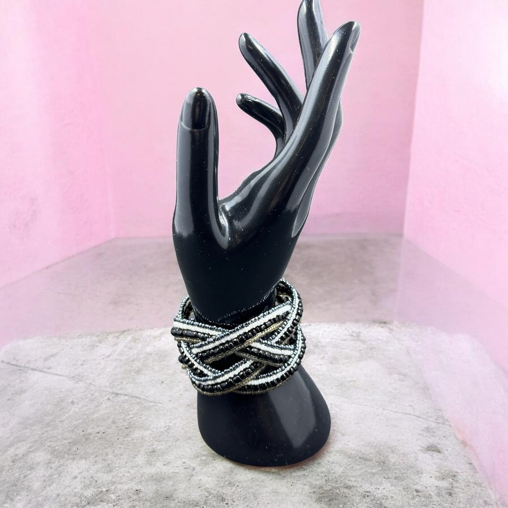 Vintage Beaded Statement Cuff Bracelet Boho Goth Grunge Chunky Wide Artsy‎ Edgy